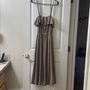 Striped Off-Shoulder Jumpsuit in Taupe and Dark Brown